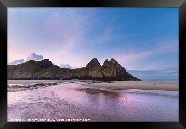 Beautiful colorful Summer sunrise landscape image of Three Cliffs Bay in South Wales Framed Print by Matthew Gibson