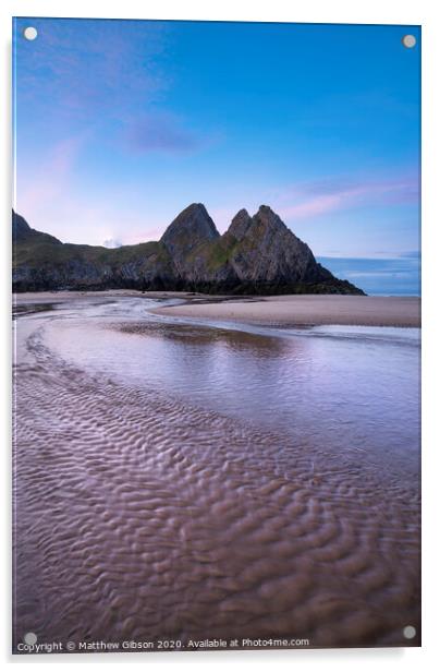Beautiful colorful Summer sunrise landscape image of Three Cliffs Bay in South Wales Acrylic by Matthew Gibson