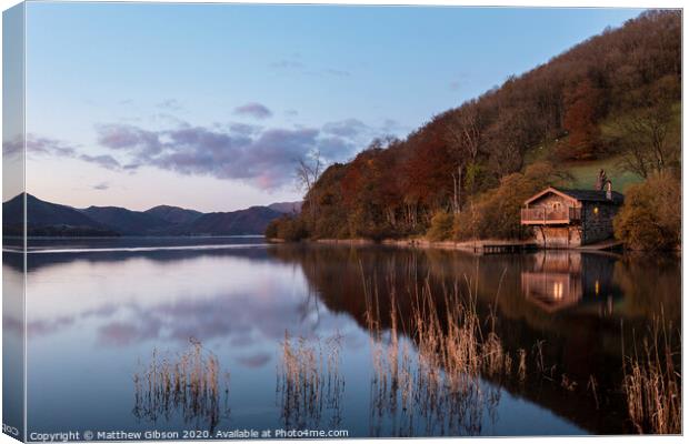 Epic vibrant sunrise Autumn Fall landscape image of Ullswater in Lake District with golden sunlight Canvas Print by Matthew Gibson