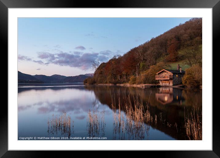 Epic vibrant sunrise Autumn Fall landscape image of Ullswater in Lake District with golden sunlight Framed Mounted Print by Matthew Gibson