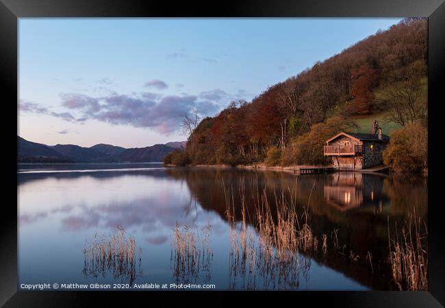 Epic vibrant sunrise Autumn Fall landscape image of Ullswater in Lake District with golden sunlight Framed Print by Matthew Gibson