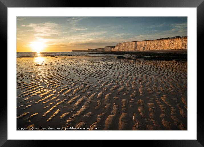 Beautiful vibrant Summer landscape sunset image of Seven Sisters chalk cliffs in England Framed Mounted Print by Matthew Gibson