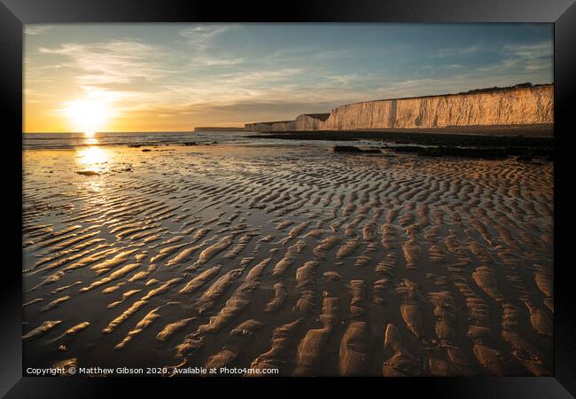 Beautiful vibrant Summer landscape sunset image of Seven Sisters chalk cliffs in England Framed Print by Matthew Gibson