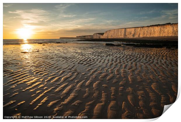 Beautiful vibrant Summer landscape sunset image of Seven Sisters chalk cliffs in England Print by Matthew Gibson