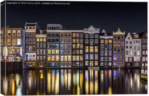 Amsterdam Canals Damrak At Night Cityscape Canvas Print by Chris Curry