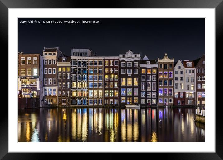 Amsterdam Canals Damrak At Night Cityscape Framed Mounted Print by Chris Curry