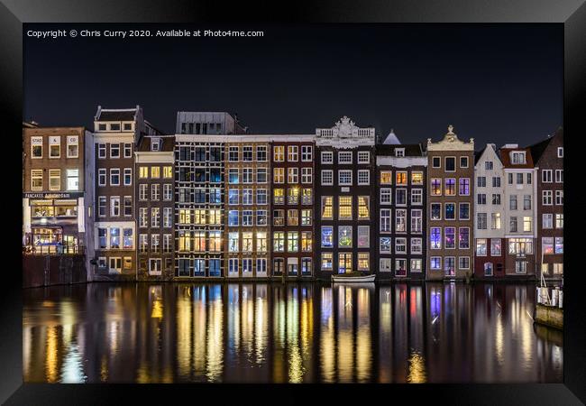 Amsterdam Canals Damrak At Night Cityscape Framed Print by Chris Curry