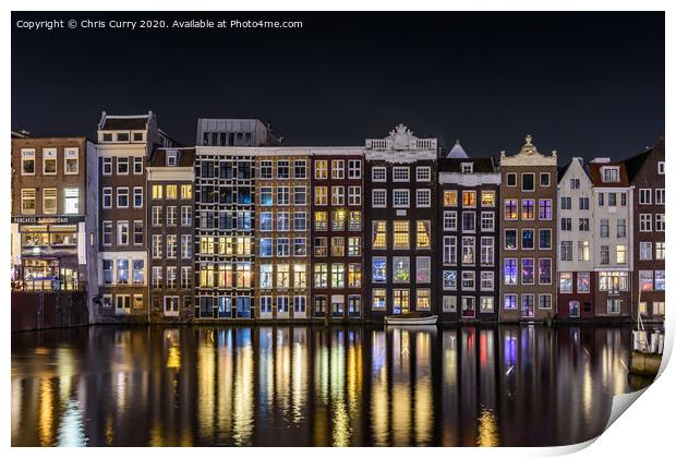 Amsterdam Canals Damrak At Night Cityscape Print by Chris Curry