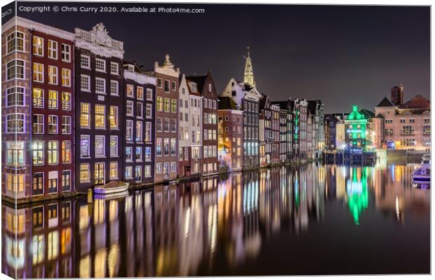 Amsterdam At Night Dancing Canal Houses Damrak  Canvas Print by Chris Curry