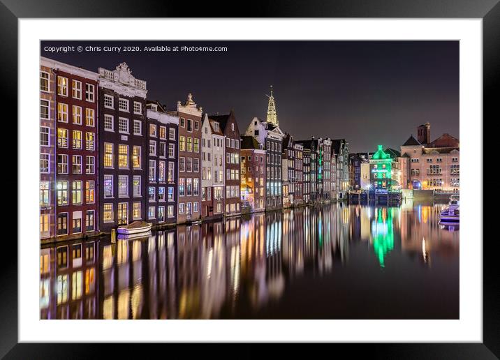 Amsterdam At Night Dancing Canal Houses Damrak  Framed Mounted Print by Chris Curry