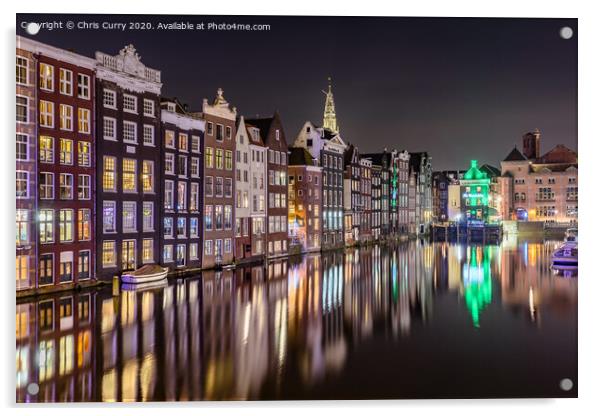 Amsterdam At Night Dancing Canal Houses Damrak  Acrylic by Chris Curry