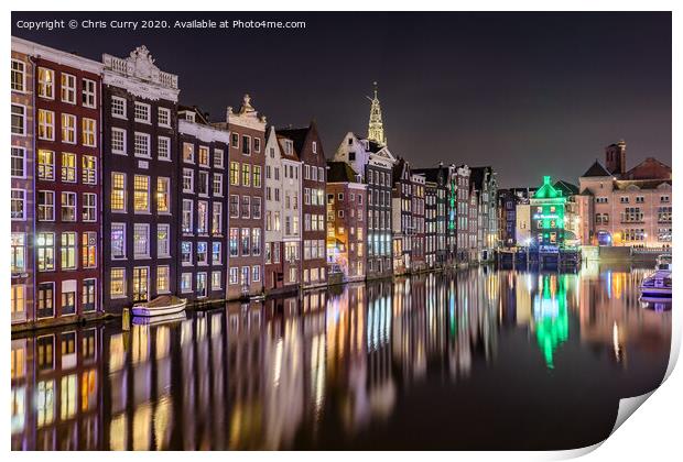 Amsterdam At Night Dancing Canal Houses Damrak  Print by Chris Curry