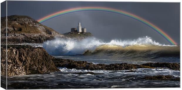 Rainbow over Mumbles lighthouse Canvas Print by Leighton Collins