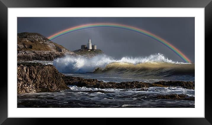 Rainbow over Mumbles lighthouse Framed Mounted Print by Leighton Collins