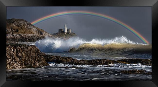 Rainbow over Mumbles lighthouse Framed Print by Leighton Collins