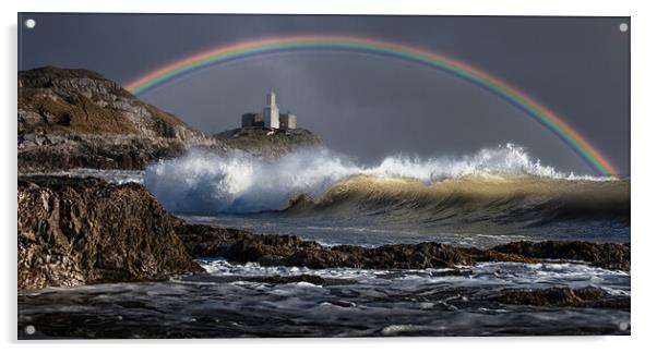 Rainbow over Mumbles lighthouse Acrylic by Leighton Collins