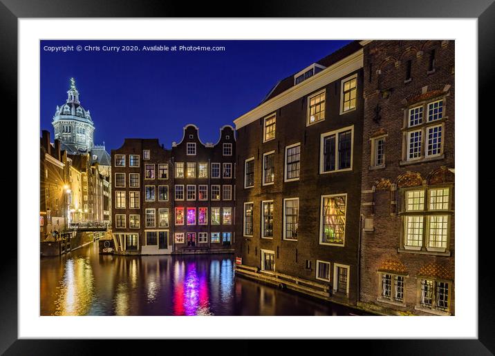 Amsterdam Canal Houses De Wallen At Night The Netherlands Framed Mounted Print by Chris Curry