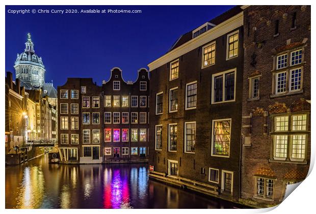 Amsterdam Canal Houses De Wallen At Night The Netherlands Print by Chris Curry