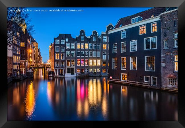 Amsterdam Night Reflections Canal Houses Framed Print by Chris Curry