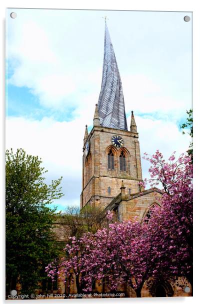 The crooked spire in Spring at Chesterfield in Derbyshire. Acrylic by john hill
