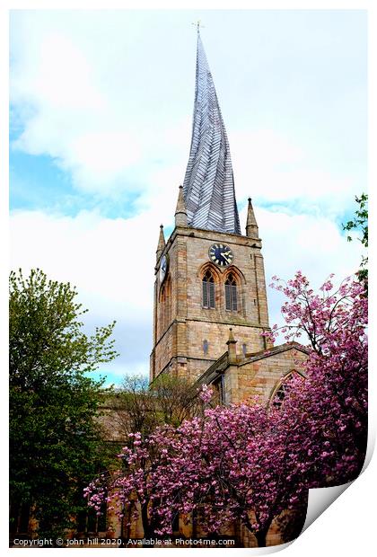 The crooked spire in Spring at Chesterfield in Derbyshire. Print by john hill