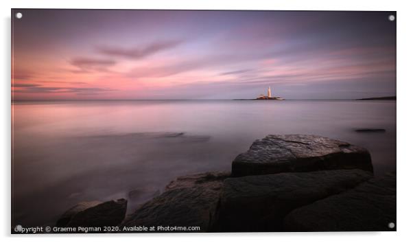 Sunset at St Mary's Lighthouse, Whitley Bay, UK Acrylic by Graeme Pegman