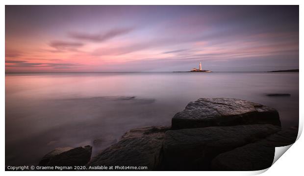 Sunset at St Mary's Lighthouse, Whitley Bay, UK Print by Graeme Pegman