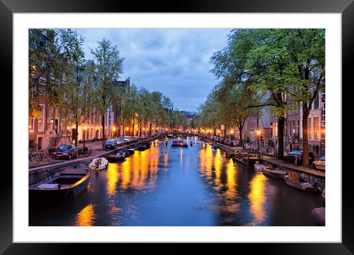 Canal in Amsterdam at Dusk Framed Mounted Print by Artur Bogacki