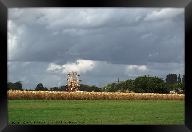 Ferris wheel at a country show viewed from across a wheat field. Damyns Hall Aerodrome, Essex, UK. Framed Print by Peter Bolton