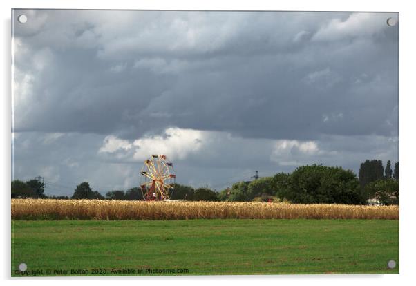 Ferris wheel at a country show viewed from across a wheat field. Damyns Hall Aerodrome, Essex, UK. Acrylic by Peter Bolton