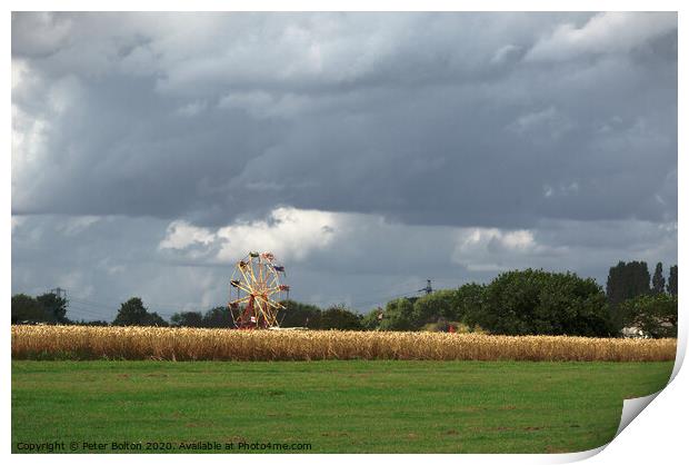 Ferris wheel at a country show viewed from across a wheat field. Damyns Hall Aerodrome, Essex, UK. Print by Peter Bolton