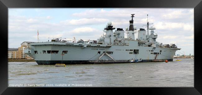 HMS Illustrious moored at Greenwich Quay on the River Thames Framed Print by Terry Senior
