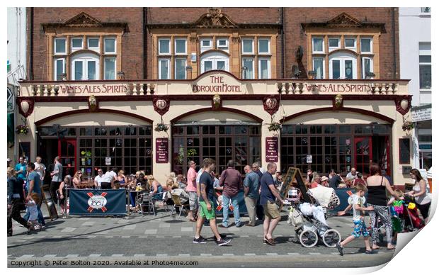 Summer visitors outside the old Borough Hotel public house on the seafront at Southend on Sea, Essex. Print by Peter Bolton