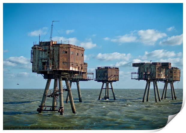 WWII Maunsell Forts at Red Sands, Thames Estuary, UK. Print by Peter Bolton