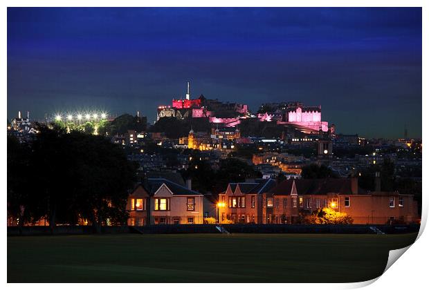 Edinburgh Castle under pink floodlights Print by Philip Hawkins