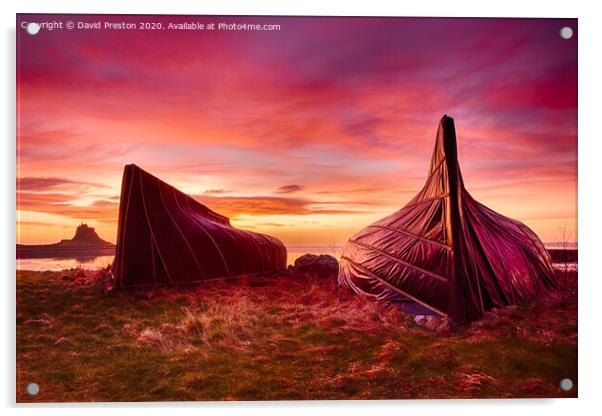 Boat huts and Lindisfarne Castle at sunrise Acrylic by David Preston