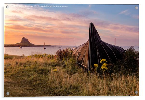 Boat hut and Lindisfarne Castle at sunrise Acrylic by David Preston