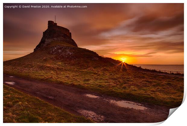 Lindisfarne Castle at sunrise Print by David Preston