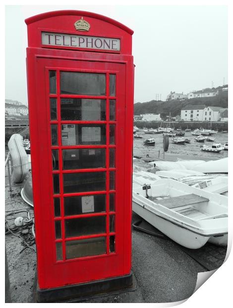 The Red Telephone Box Porthleven Cornwall  Print by Beryl Curran