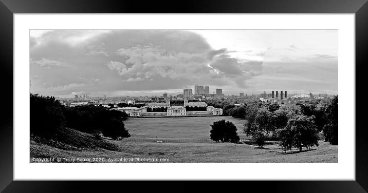 B&W Panoramamic view of London, The Queens House, The National Maritime Museum, Canary Wharfe on the Isle of Dogs  Framed Mounted Print by Terry Senior