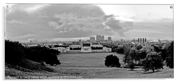 B&W Panoramamic view of London, The Queens House, The National Maritime Museum, Canary Wharfe on the Isle of Dogs  Acrylic by Terry Senior