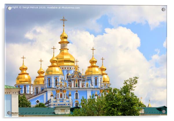 The famous Golden-domed Michael's Cathedral in Kyiv in the spring against the blue cloudy sky Acrylic by Sergii Petruk