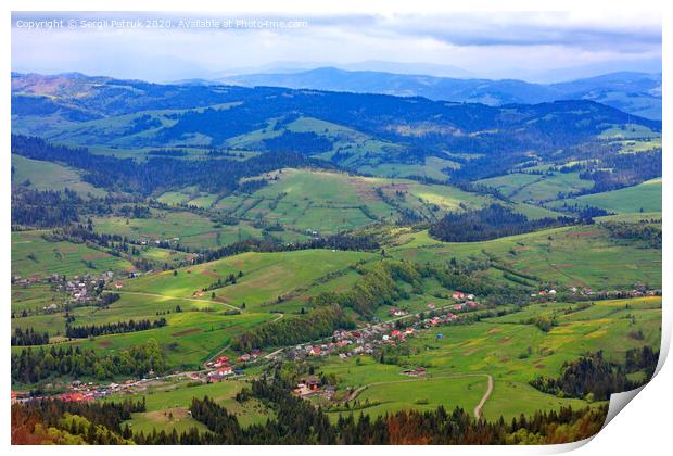 Beautiful landscape of the Carpathian mountains, Ukraine. View of the village from the top of the mountain. Print by Sergii Petruk