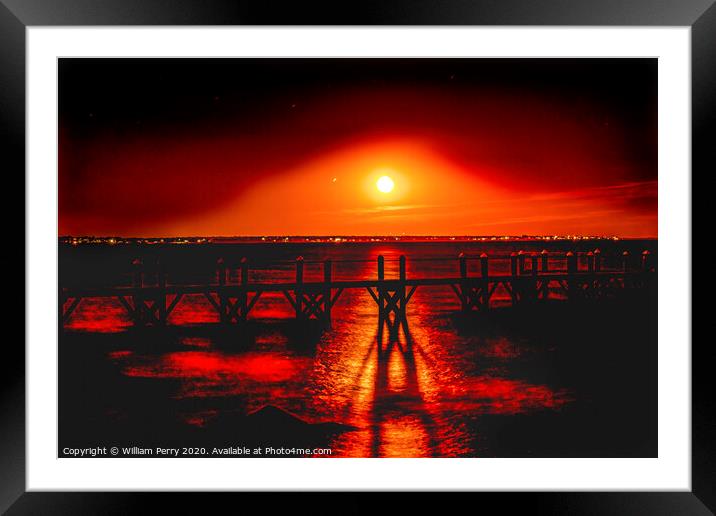 Colorful Red Moon Night Pier Padanaram Dartmouth Massachusetts Framed Mounted Print by William Perry
