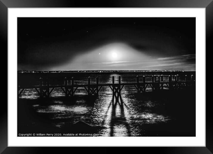 Black White Moon Night Pier Padanaram Dartmouth Massachusetts Framed Mounted Print by William Perry