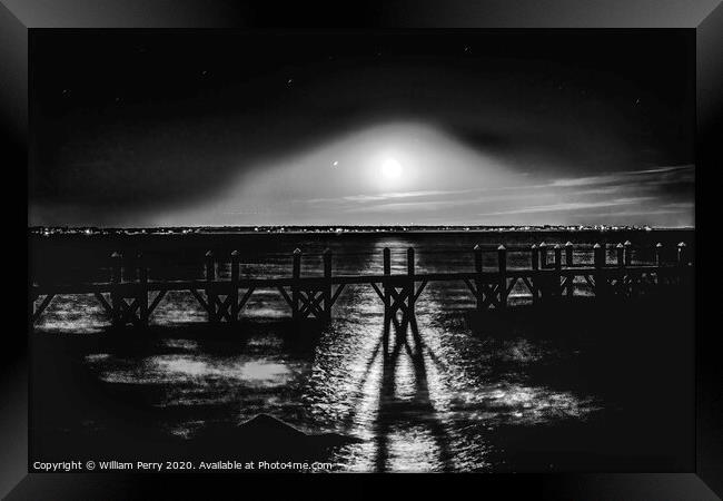 Black White Moon Night Pier Padanaram Dartmouth Massachusetts Framed Print by William Perry