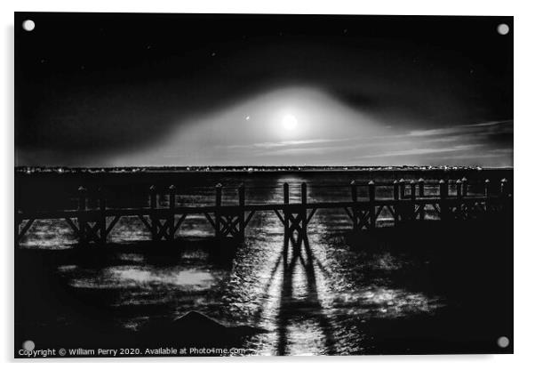 Black White Moon Night Pier Padanaram Dartmouth Massachusetts Acrylic by William Perry