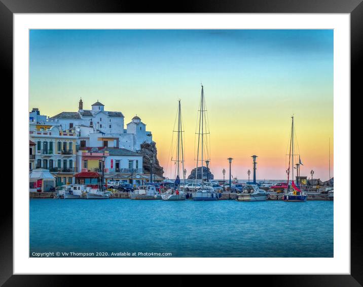 Sunset at Skopelos Harbour Framed Mounted Print by Viv Thompson