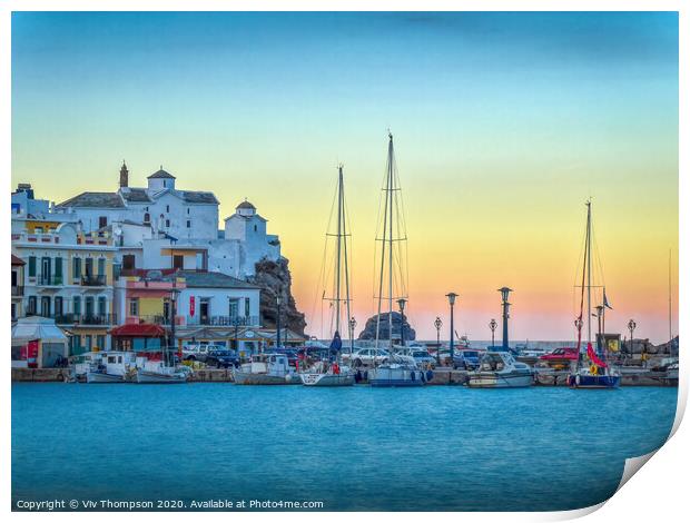 Sunset at Skopelos Harbour Print by Viv Thompson