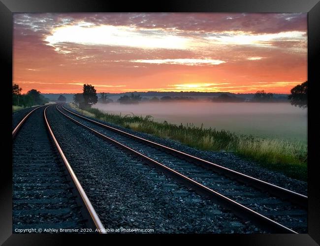 Misty Sunrise On The Tracks Framed Print by Ashley Bremner